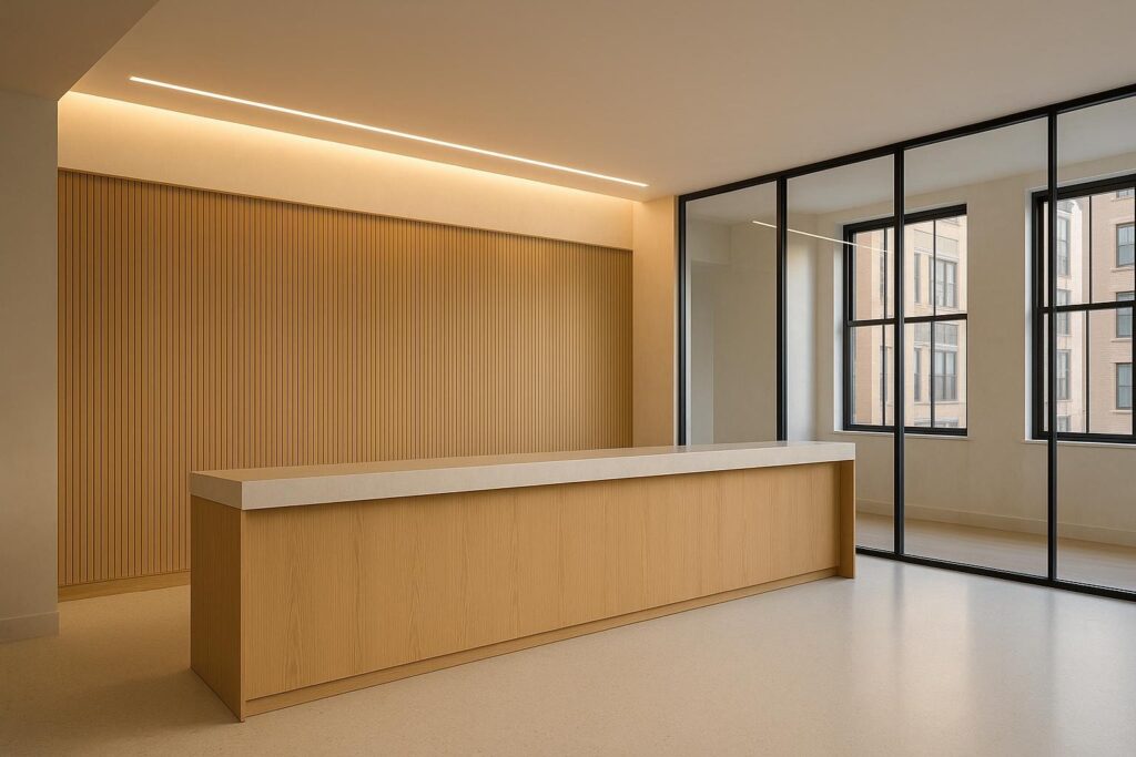 Finished NYC office reception with white oak desk, fluted panels and glass partition, built to the design intent.