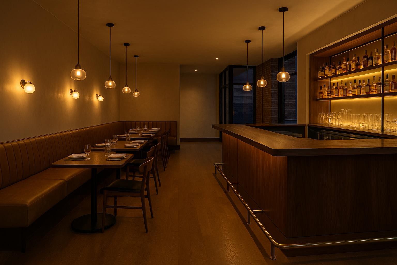 Completed NYC restaurant dining room at dusk with walnut bar, leather banquettes and pendant lighting, ready to open.